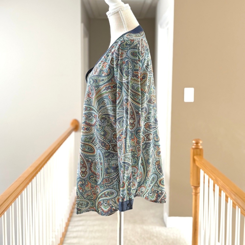 Liz Claiborne Petite‎ Paisley Split Neck Blouse Blue Orange Green PL Long Sleeve - Picture 4 of 11